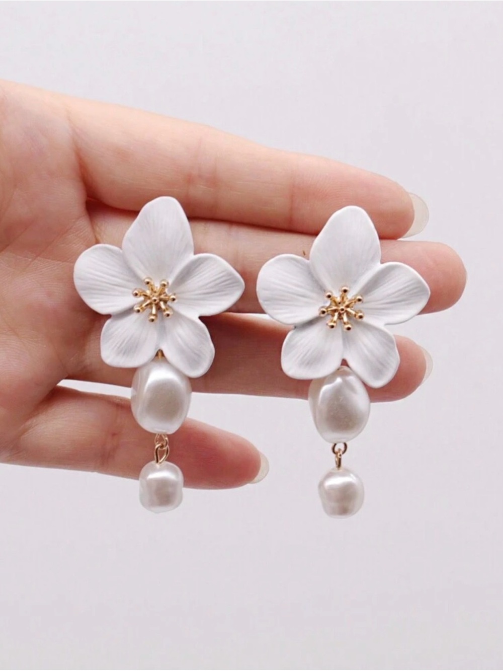 White Floral Pearl Drop Earrings with Gold Accents